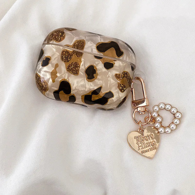 Shell yellow leopard print AirPods Pro case cover with flip design showing optional attachments