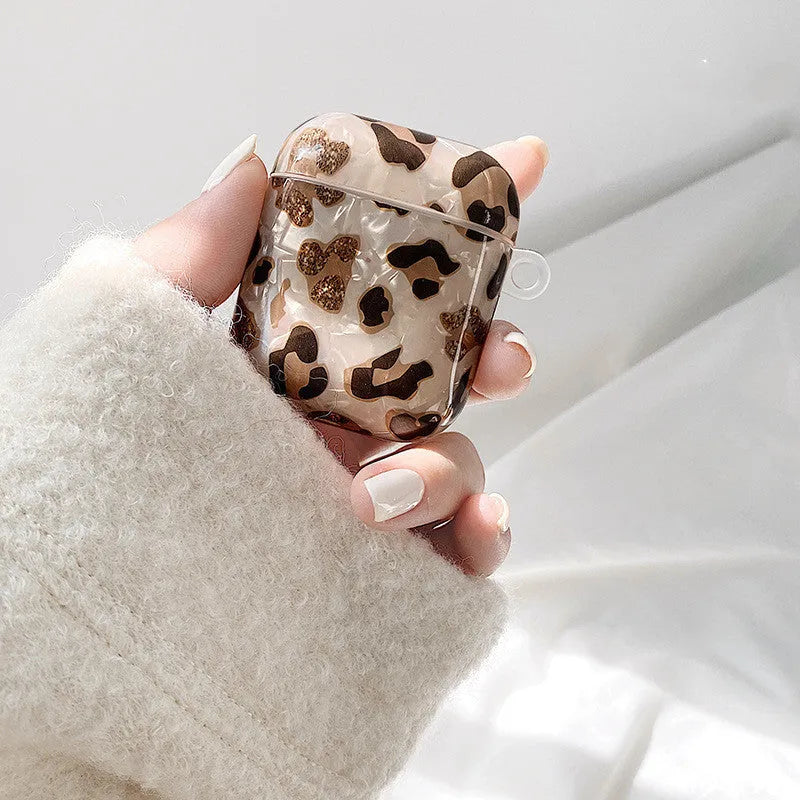 Shell yellow leopard print AirPods Pro case cover with flip design showing optional attachments