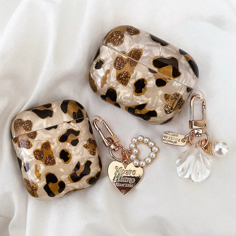 Shell yellow leopard print AirPods Pro case cover with flip design showing optional attachments