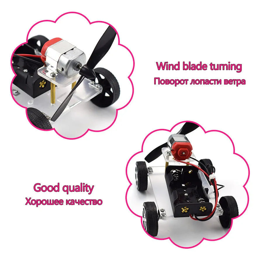 Wind car DIY electronic kit with acrylic metal plastic parts on table