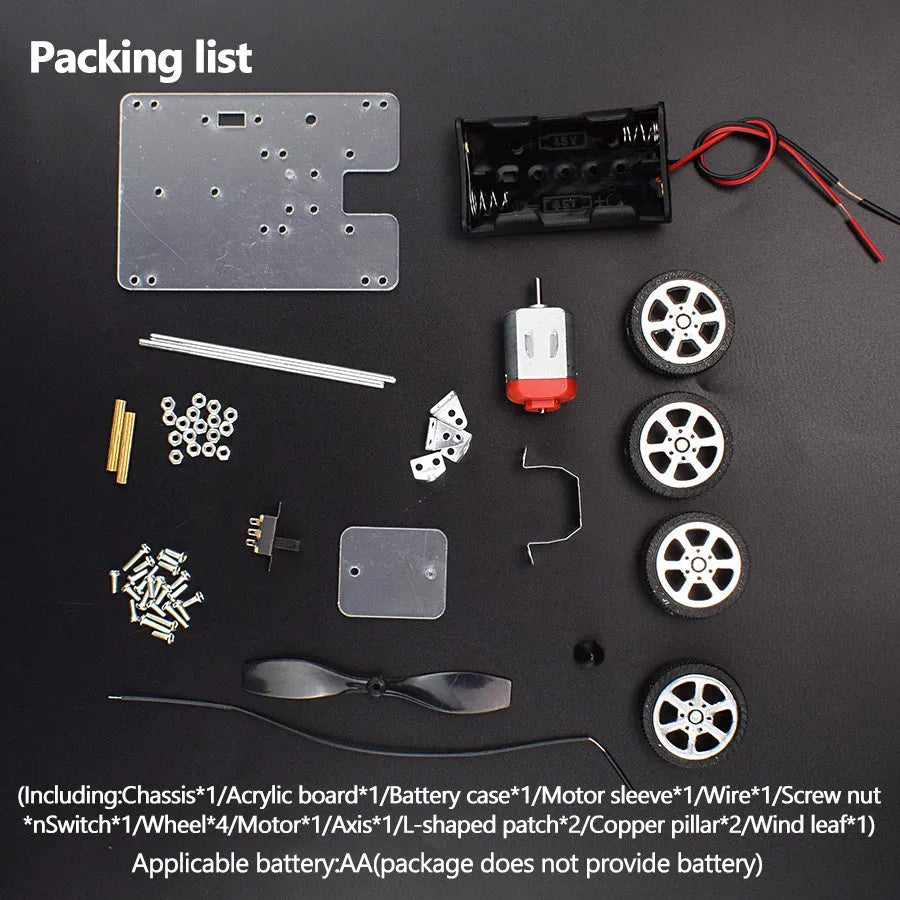 Wind car DIY electronic kit with acrylic metal plastic parts on table