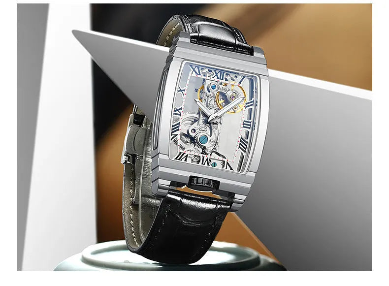 Daystar stainless steel square watch with mechanical movement on a leather strap.