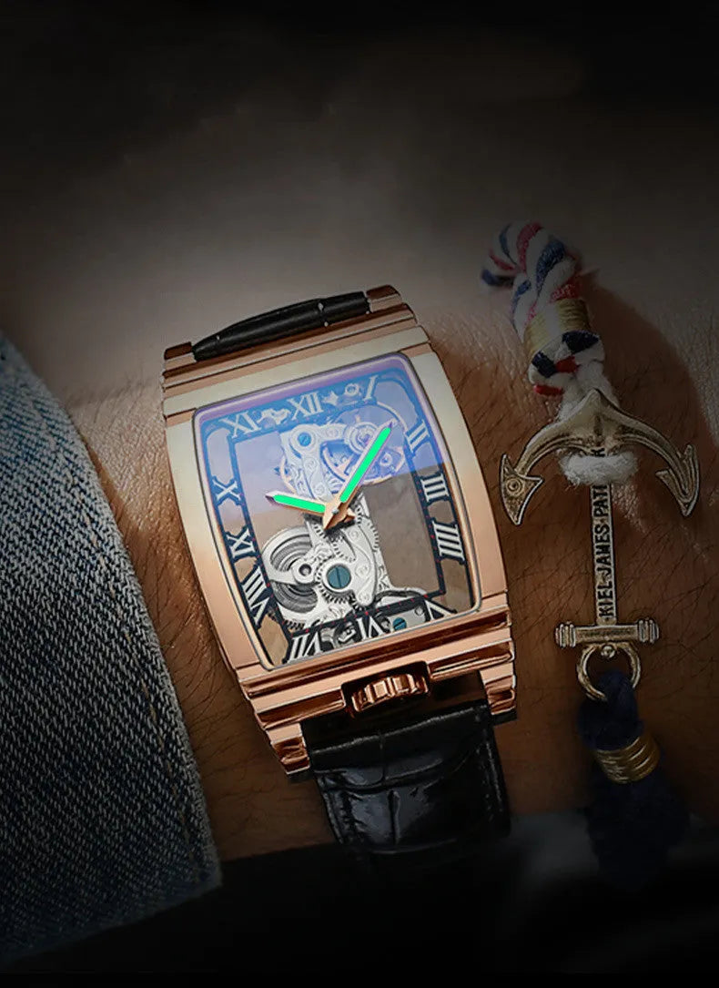 Daystar stainless steel square watch with mechanical movement on a leather strap.