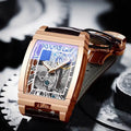 Daystar stainless steel square watch with mechanical movement on a leather strap.