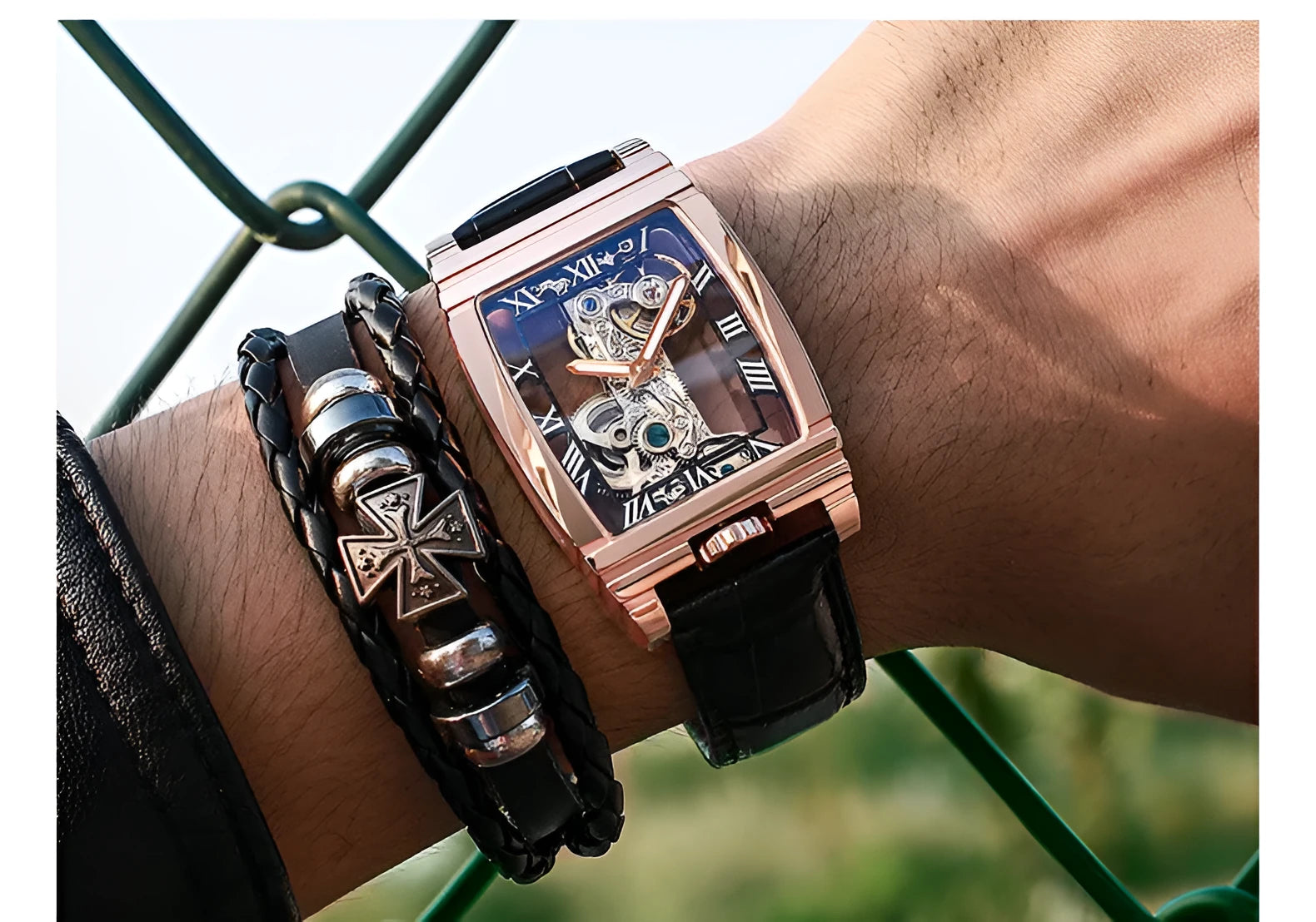 Daystar stainless steel square watch with mechanical movement on a leather strap.