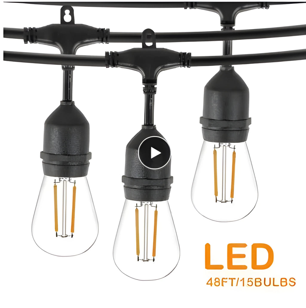 Black decorative light string with 15 bulbs across 15 metres for indoor and outdoor lighting applications