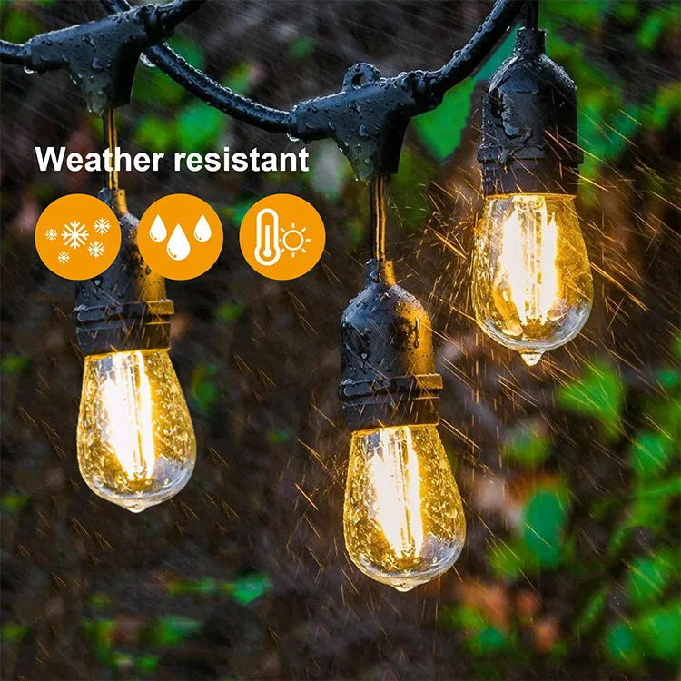 Black decorative light string with 15 bulbs across 15 metres for indoor and outdoor lighting applications
