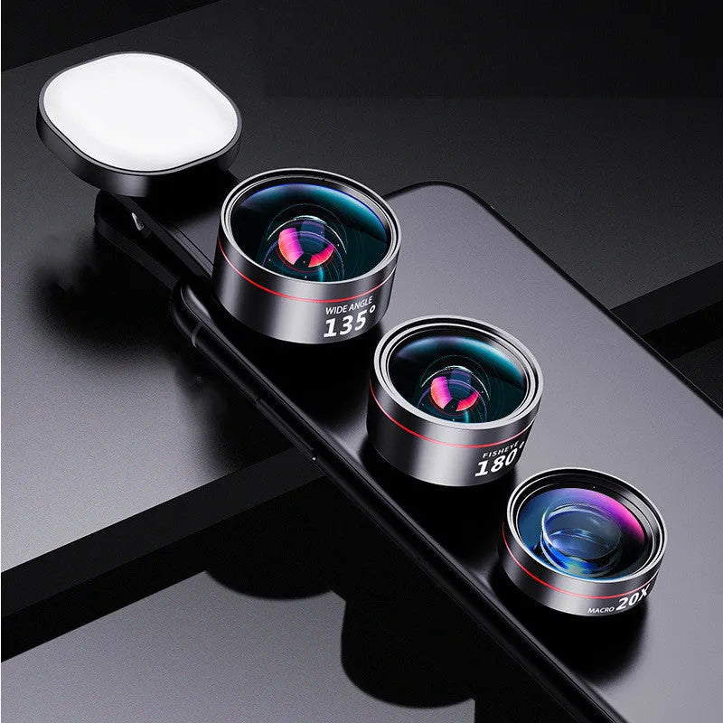 Universal camera fill light attachment with detachable wide angle, macro and fish eye lenses for smartphones
