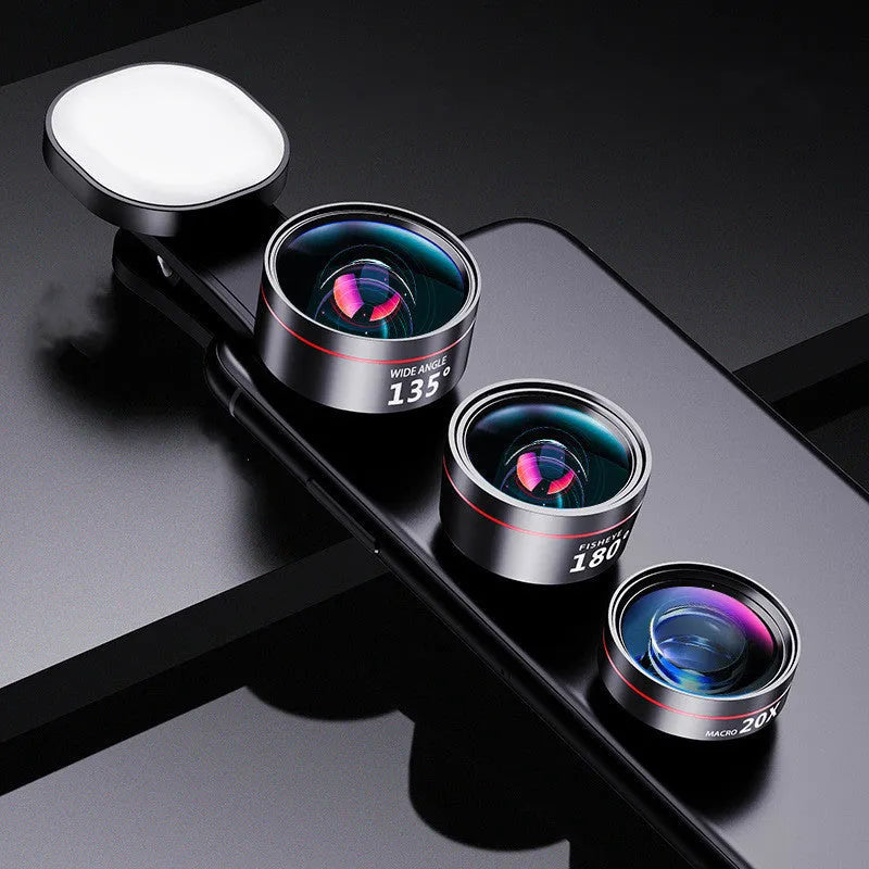 Universal camera fill light attachment with detachable wide angle, macro and fish eye lenses for smartphones