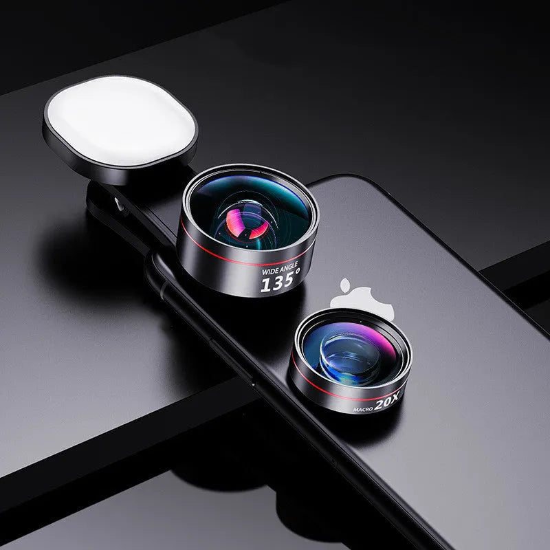 Universal camera fill light attachment with detachable wide angle, macro and fish eye lenses for smartphones