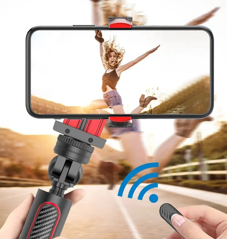 Black aluminium video stabilizer tripod with phone clamp extended, showing five-section links and integrated self timer button.