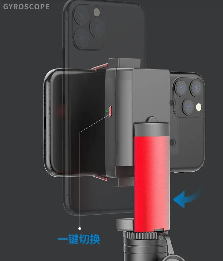 Black aluminium video stabilizer tripod with phone clamp extended, showing five-section links and integrated self timer button.