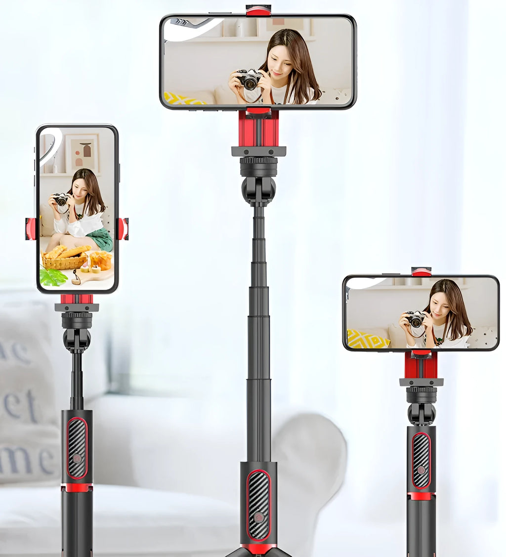 Black aluminium video stabilizer tripod with phone clamp extended, showing five-section links and integrated self timer button.