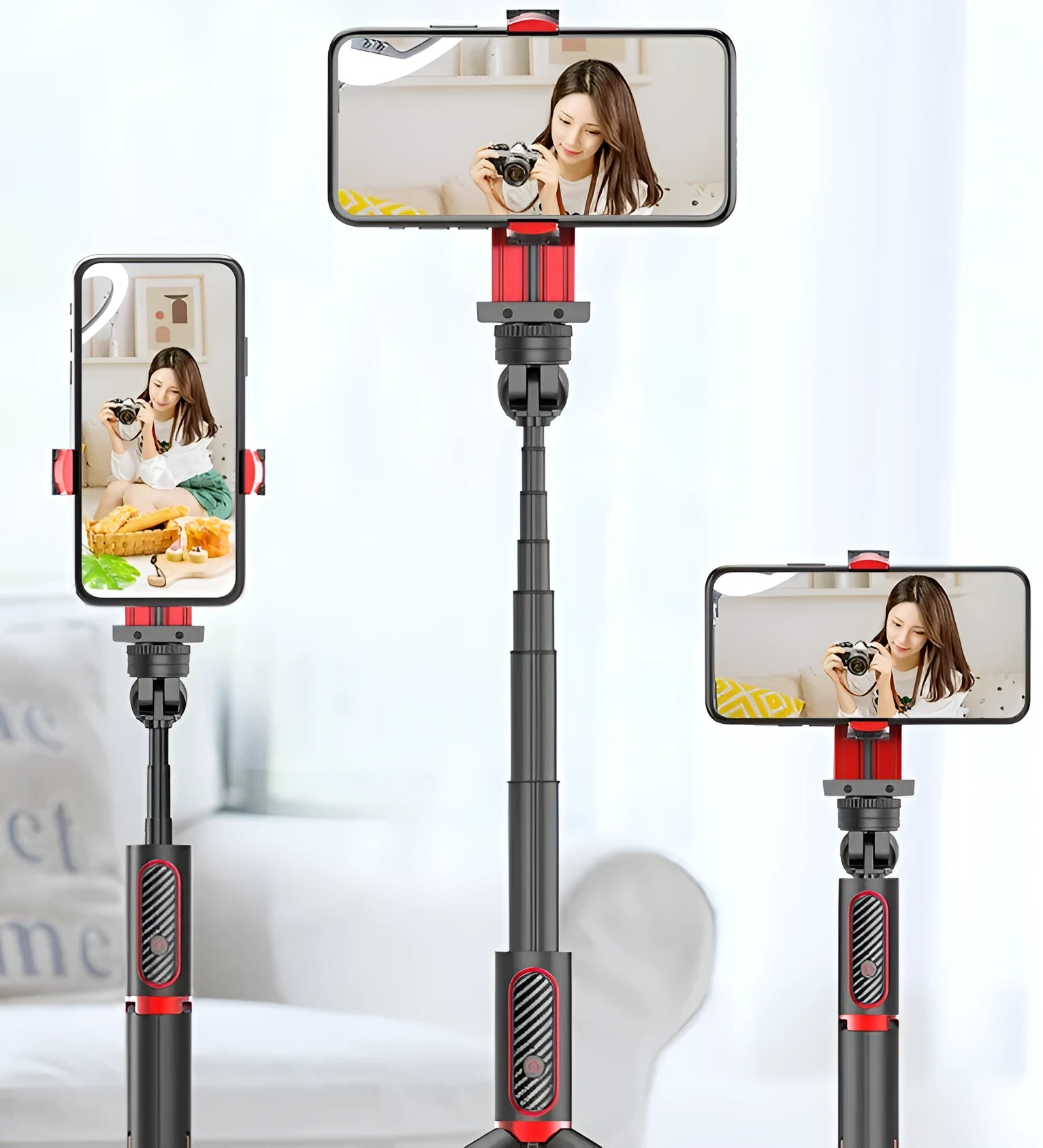 Black aluminium video stabilizer tripod with phone clamp extended, showing five-section links and integrated self timer button.