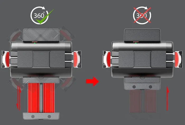 Black aluminium video stabilizer tripod with phone clamp extended, showing five-section links and integrated self timer button.