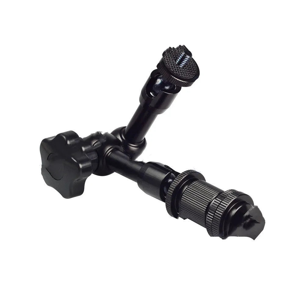 Black all-metal 7-inch magic friction articulating arm for DSLR camera with hot shoe and camera mounts.