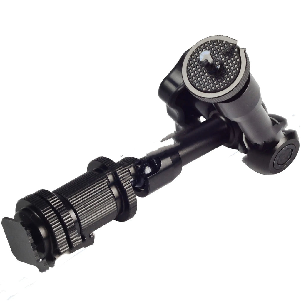 Black all-metal 7-inch magic friction articulating arm for DSLR camera with hot shoe and camera mounts.