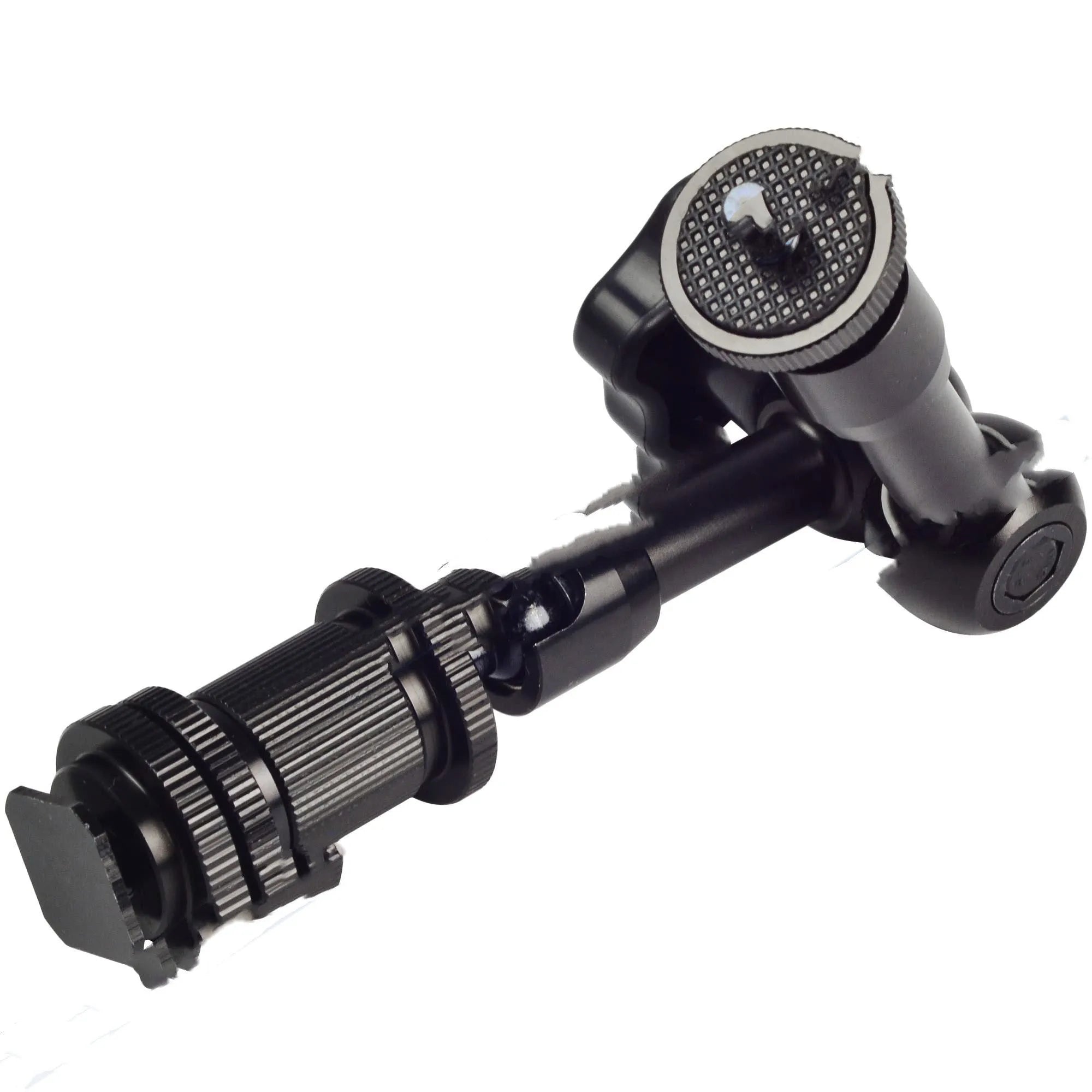 Black all-metal 7-inch magic friction articulating arm for DSLR camera with hot shoe and camera mounts.