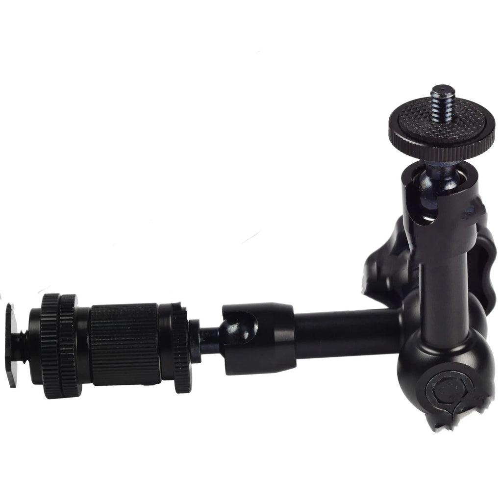 Black all-metal 7-inch magic friction articulating arm for DSLR camera with hot shoe and camera mounts.