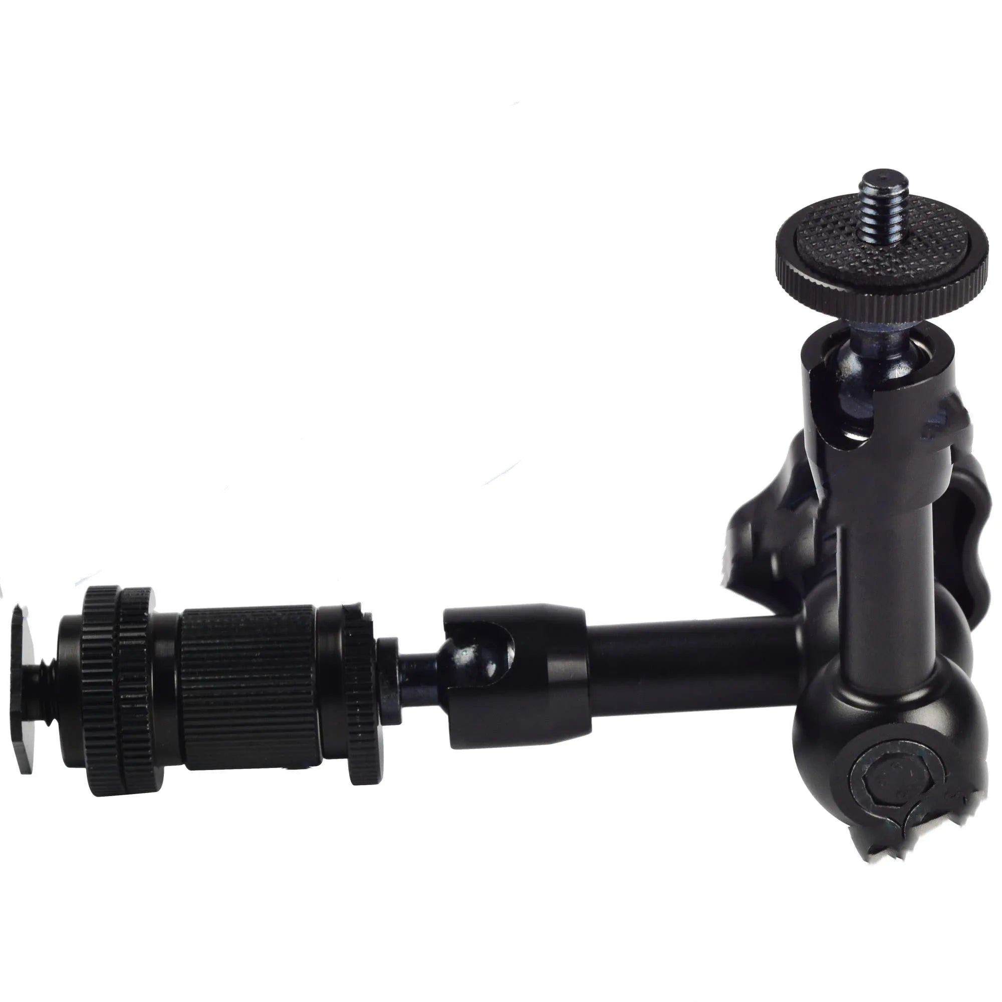Black all-metal 7-inch magic friction articulating arm for DSLR camera with hot shoe and camera mounts.
