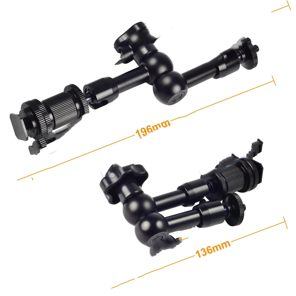 Black all-metal 7-inch magic friction articulating arm for DSLR camera with hot shoe and camera mounts.