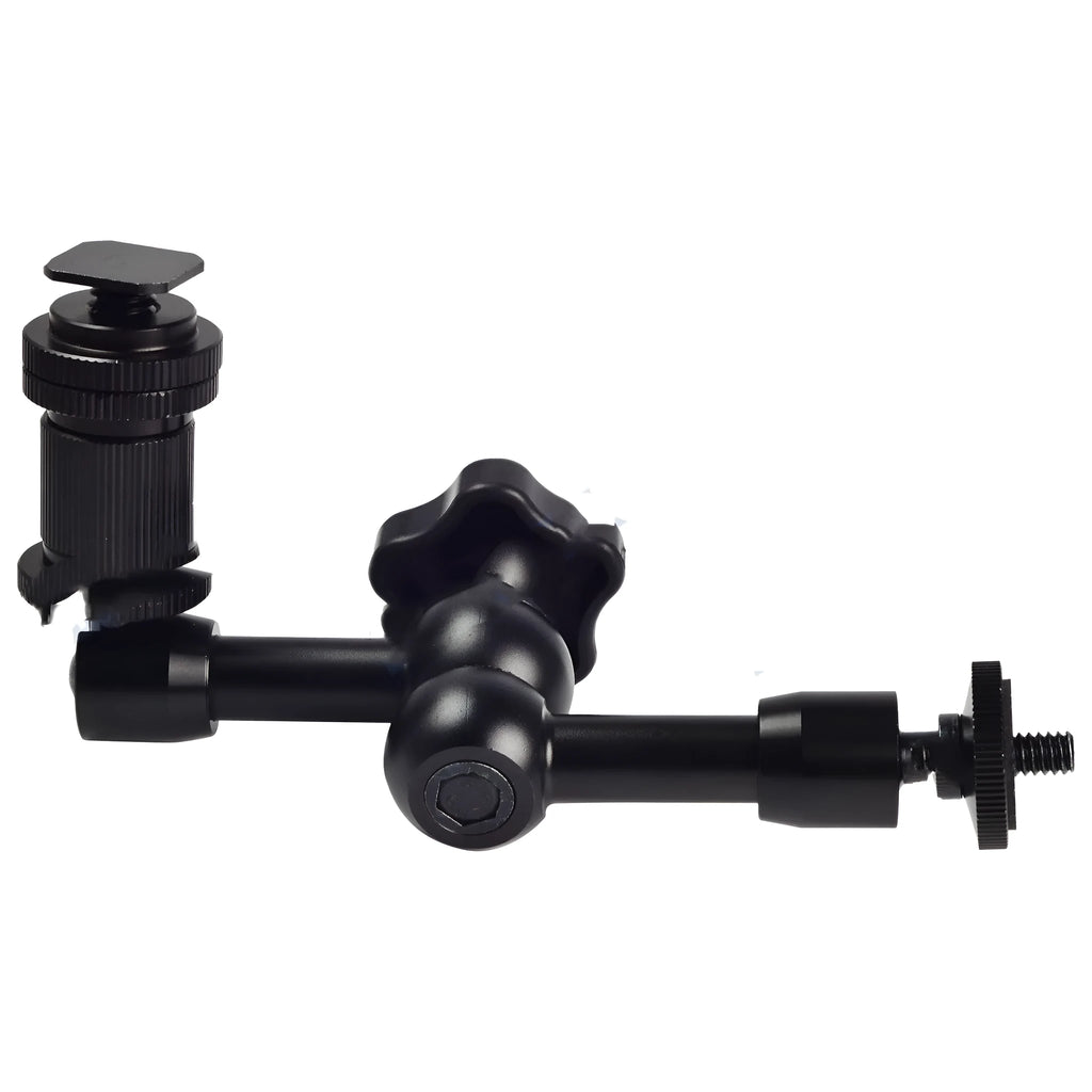 Black all-metal 7-inch magic friction articulating arm for DSLR camera with hot shoe and camera mounts.