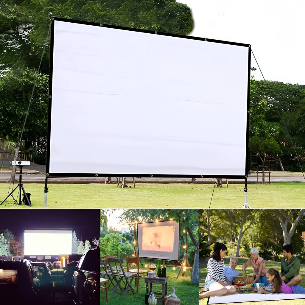 White 150-inch folding projection screen with 4:3 aspect ratio for portable front projection use