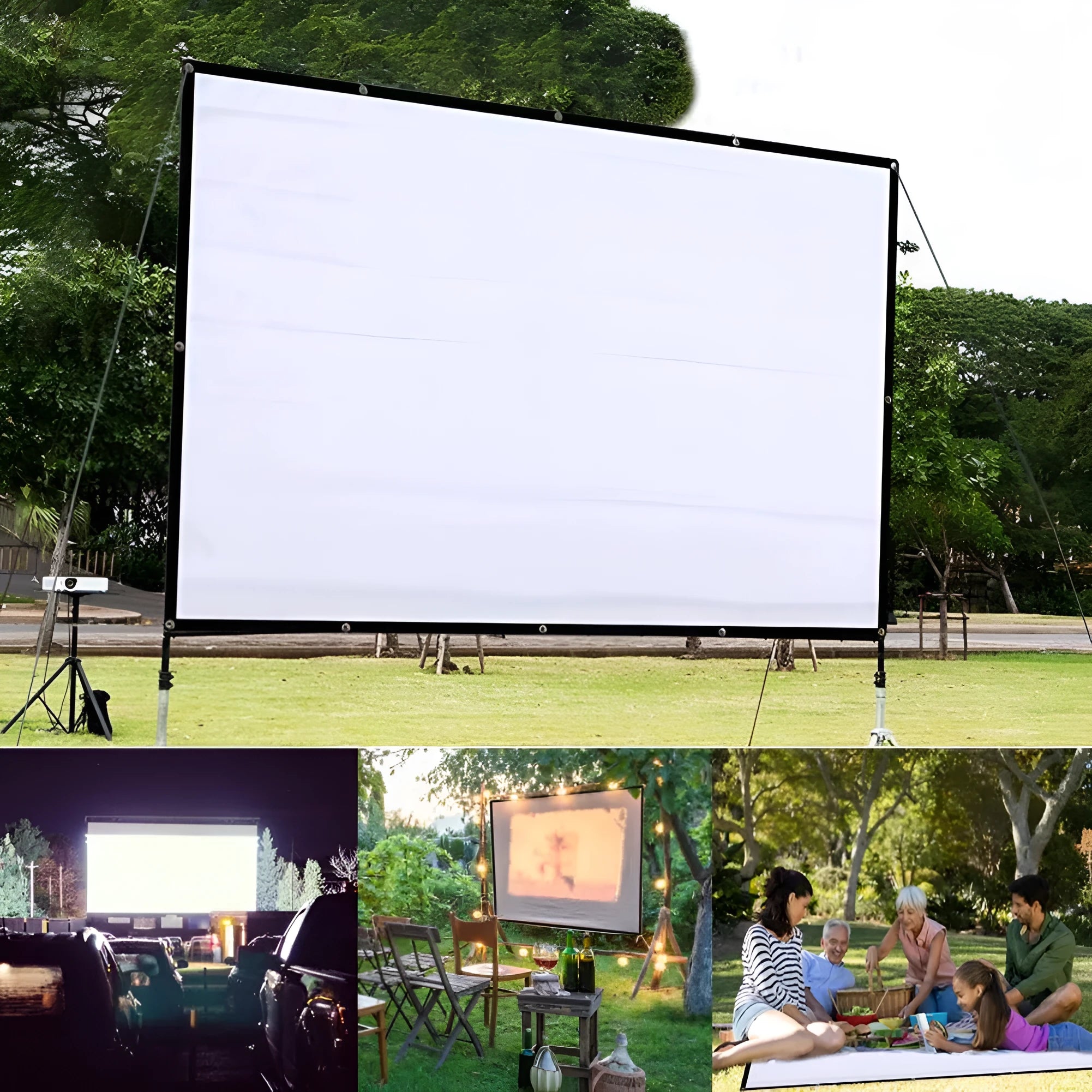 White 150-inch folding projection screen with 4:3 aspect ratio for portable front projection use