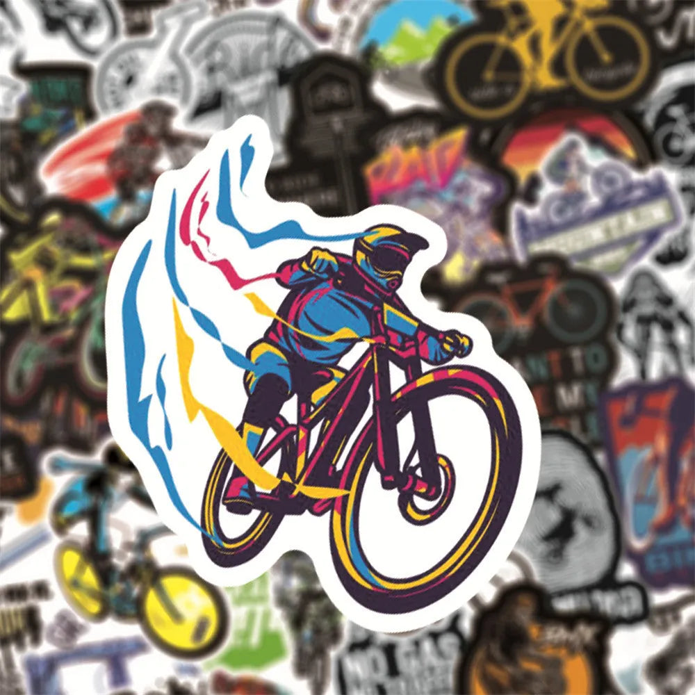 Pack of 50 assorted bicycle and mountain bike themed vinyl stickers for decoration.