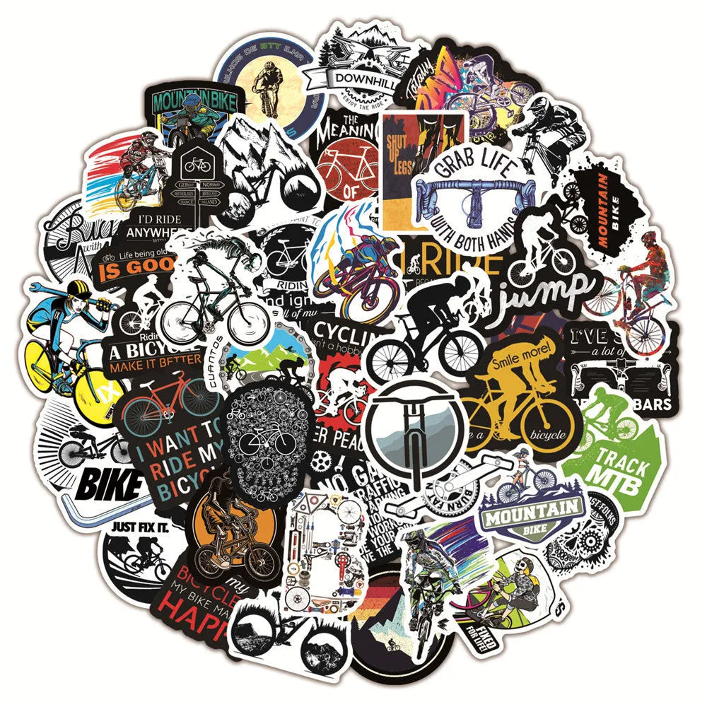 Pack of 50 assorted bicycle and mountain bike themed vinyl stickers for decoration.