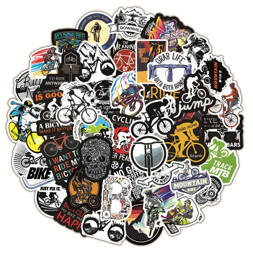 Pack of 50 assorted bicycle and mountain bike themed vinyl stickers for decoration.