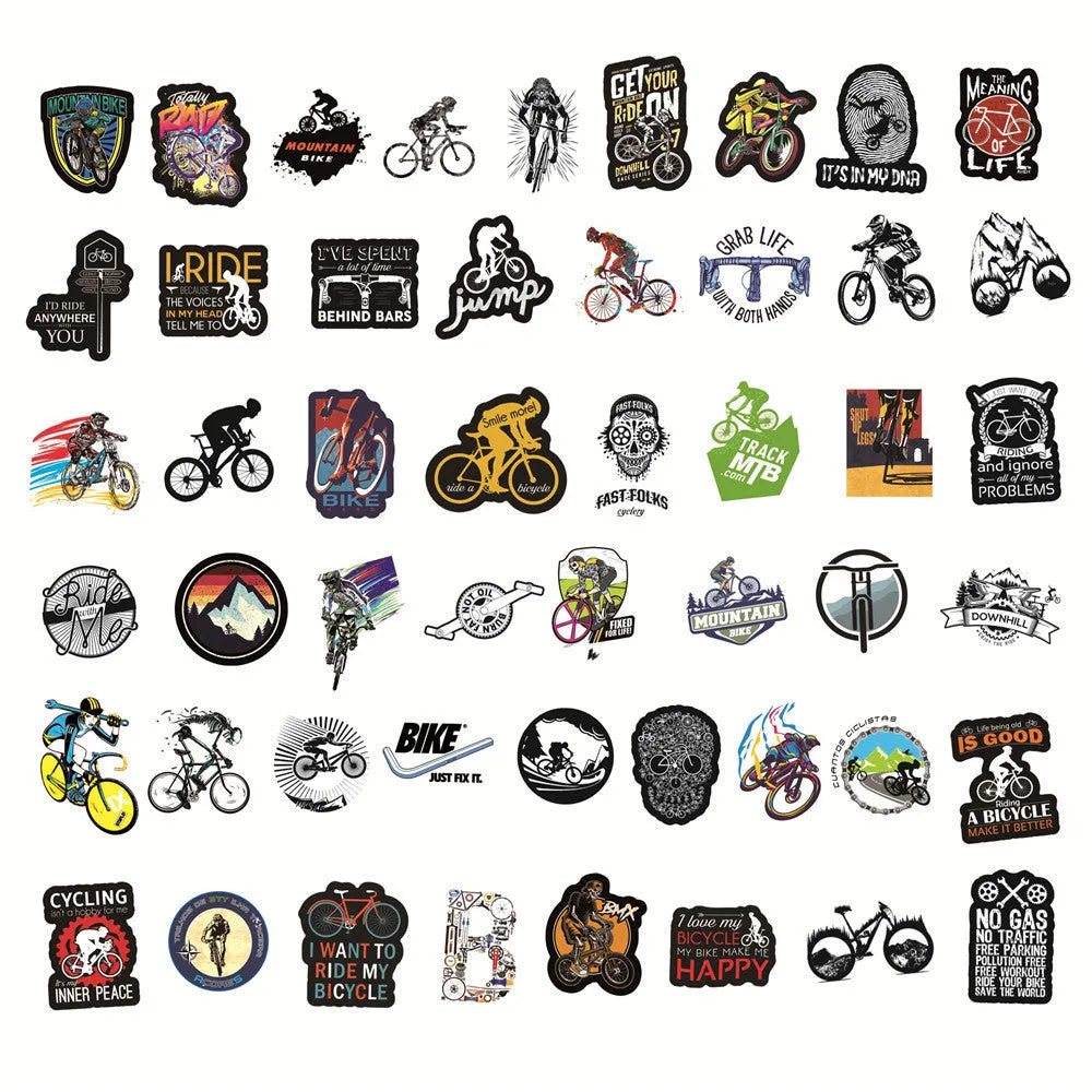 Pack of 50 assorted bicycle and mountain bike themed vinyl stickers for decoration.