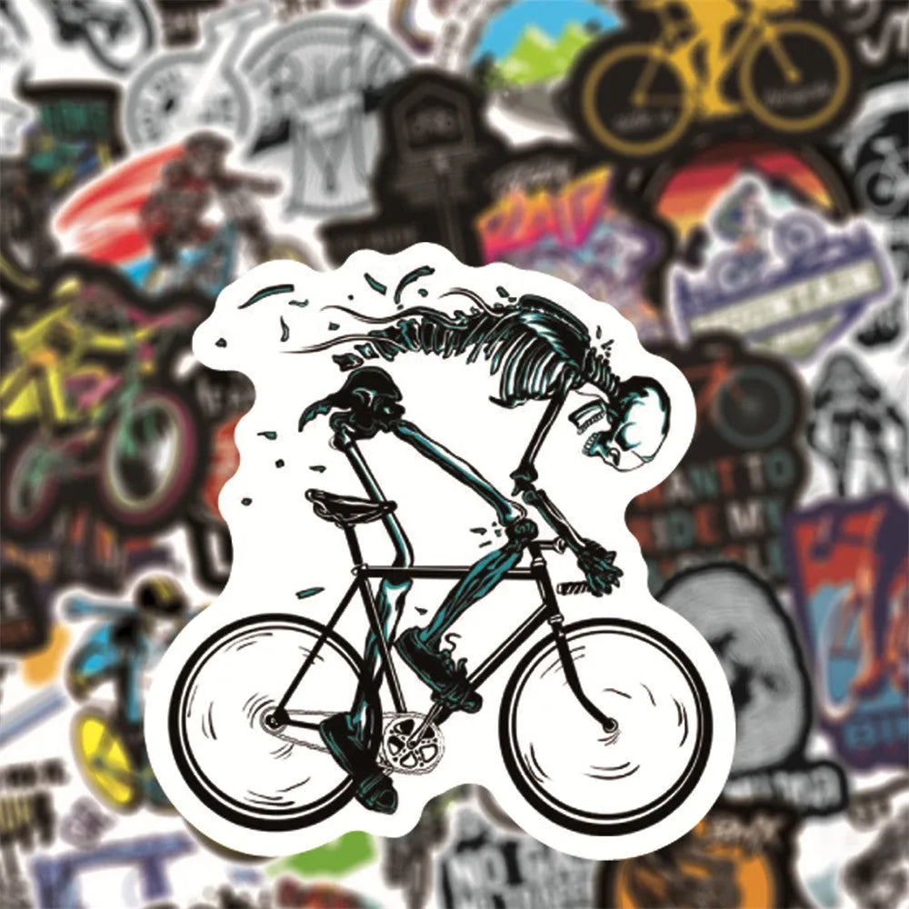 Pack of 50 assorted bicycle and mountain bike themed vinyl stickers for decoration.