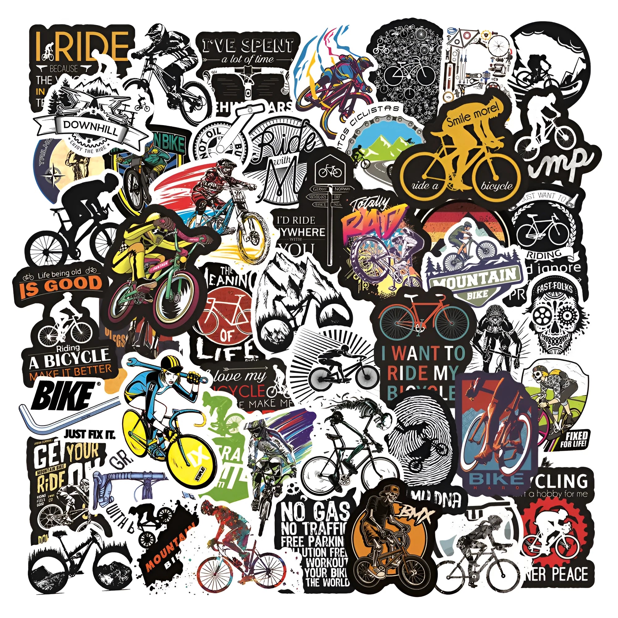Pack of 50 assorted bicycle and mountain bike themed vinyl stickers for decoration.