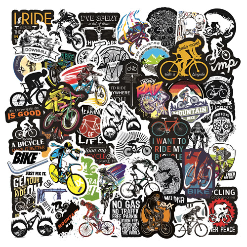Pack of 50 assorted bicycle and mountain bike themed vinyl stickers for decoration.
