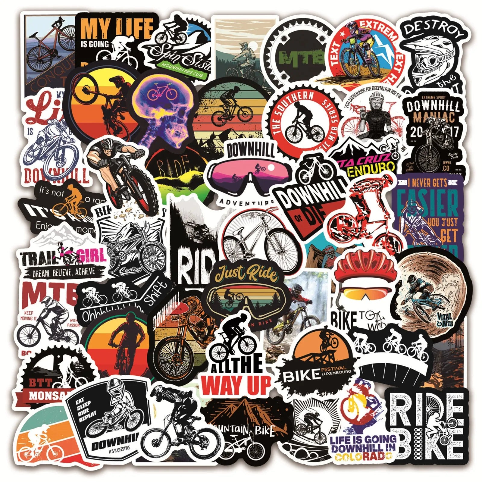 Pack of 50 assorted bicycle and mountain bike themed vinyl stickers for decoration.