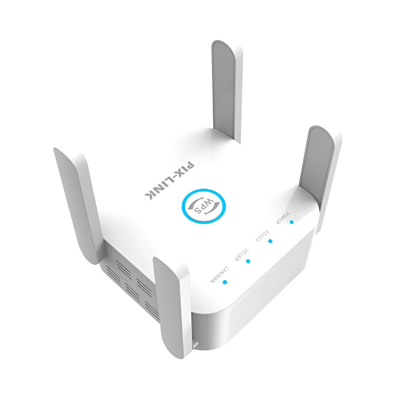 PIXLINK AC24 white and black dual band wireless WiFi extender router with regional power plugs.