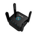 PIXLINK AC24 white and black dual band wireless WiFi extender router with regional power plugs.
