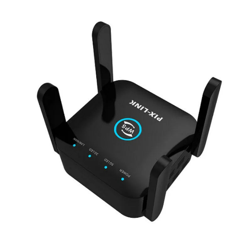 PIXLINK AC24 white and black dual band wireless WiFi extender router with regional power plugs.