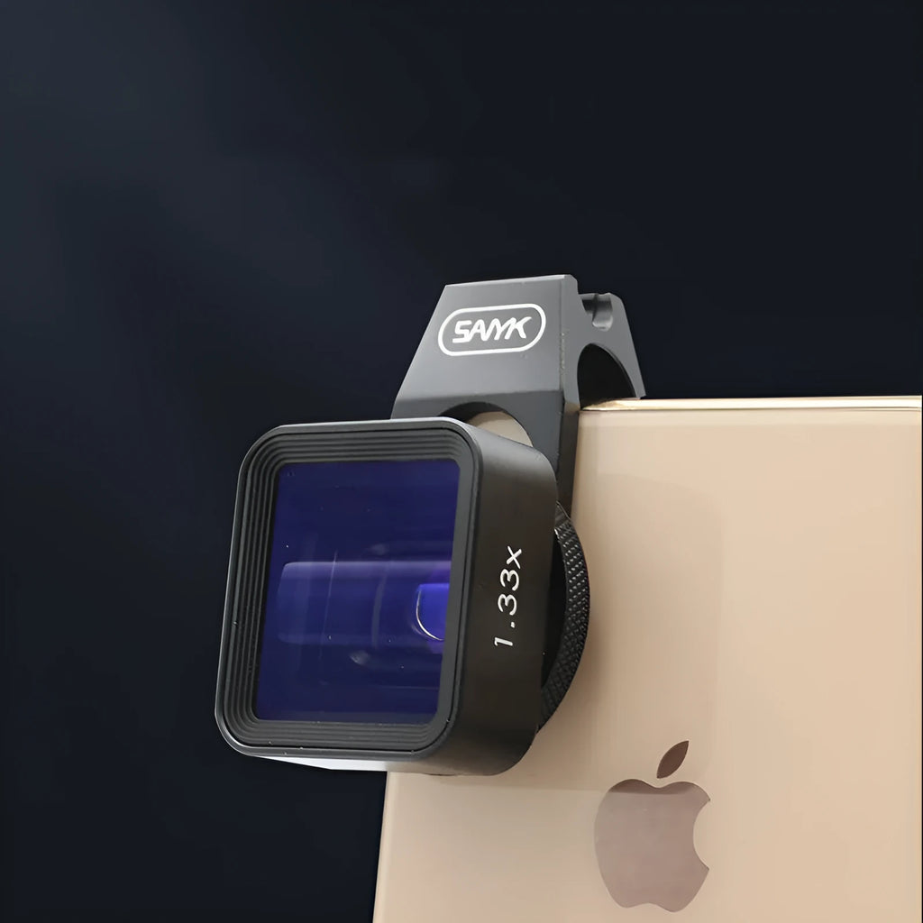 Black SANYK 1.33x anamorphic lens for mobile phones creating widescreen video.