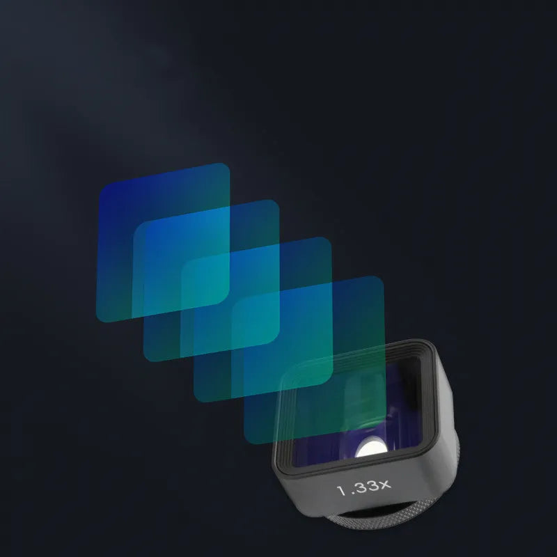 Black SANYK 1.33x anamorphic lens for mobile phones creating widescreen video.