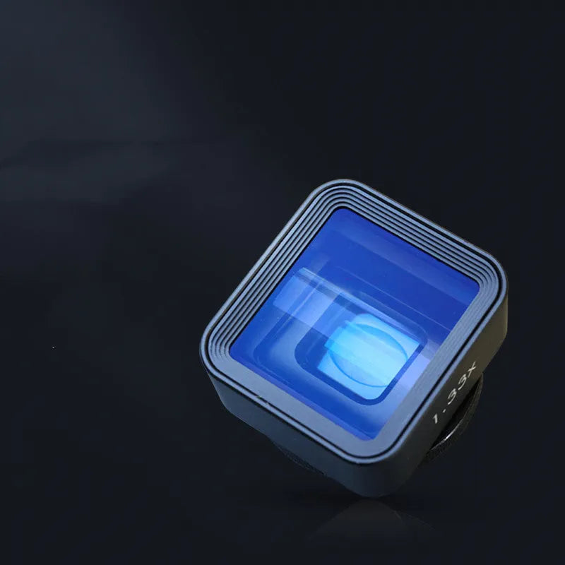 Black SANYK 1.33x anamorphic lens for mobile phones creating widescreen video.