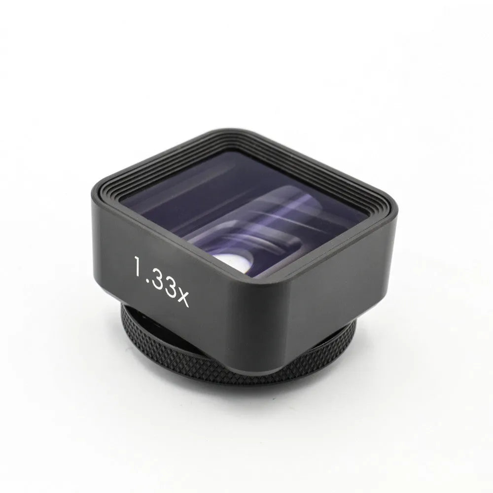 Black SANYK 1.33x anamorphic lens for mobile phones creating widescreen video.