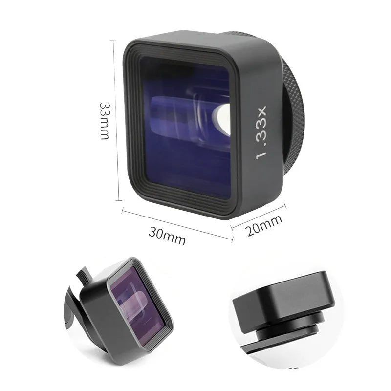 Black SANYK 1.33x anamorphic lens for mobile phones creating widescreen video.