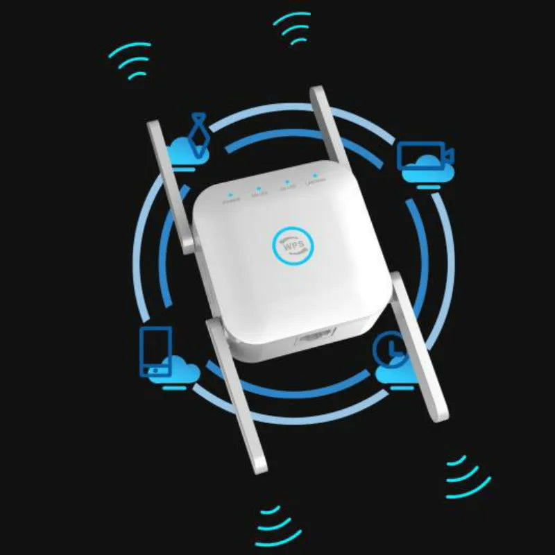 PIXLINK AC24 white and black dual band wireless WiFi extender router with regional power plugs.