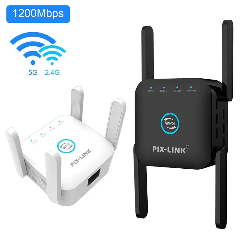 PIXLINK AC24 white and black dual band wireless WiFi extender router with regional power plugs.