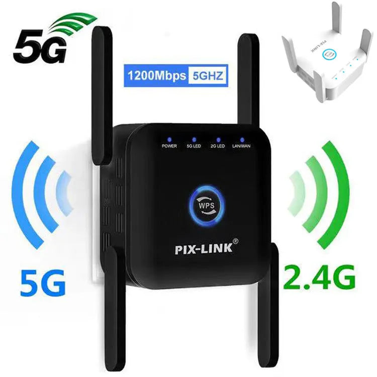 PIXLINK AC24 white and black dual band wireless WiFi extender router with regional power plugs.