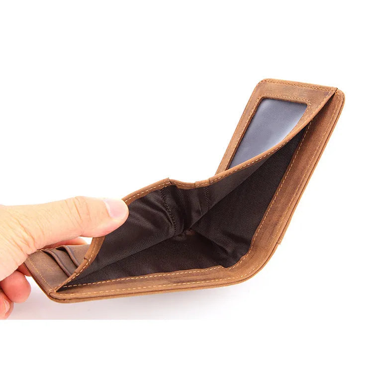RFID-blocking men's leather wallet in compact European style with money compartment and card slots