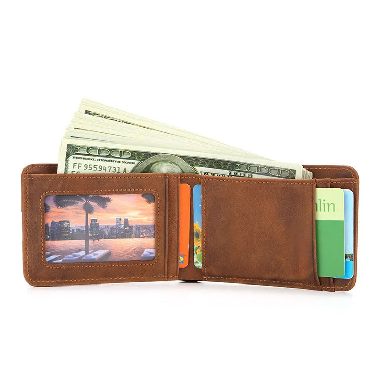 RFID-blocking men's leather wallet in compact European style with money compartment and card slots