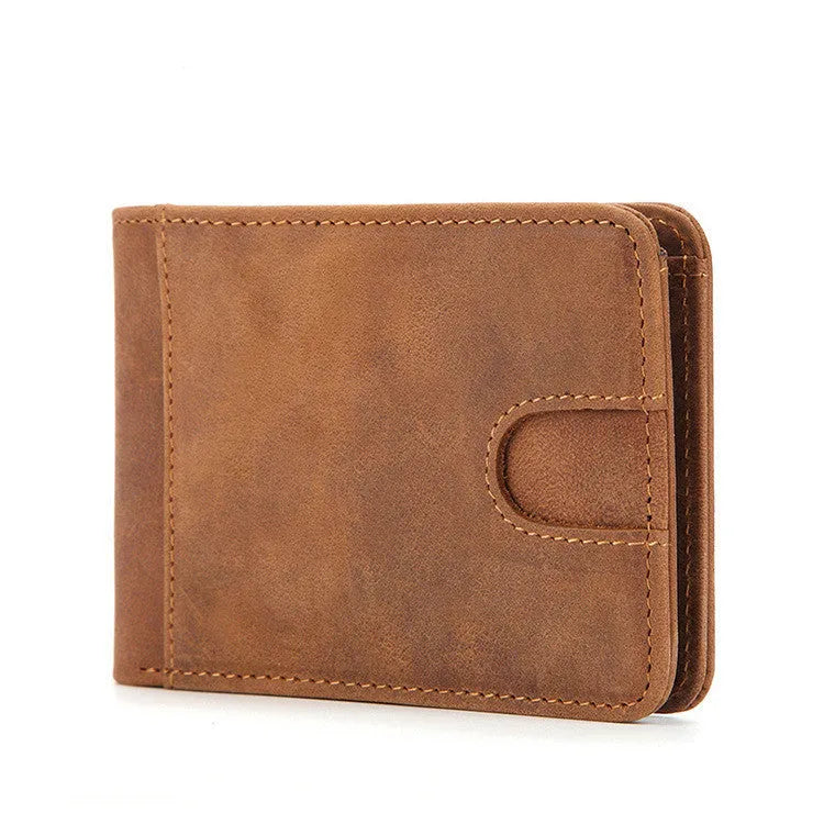 RFID-blocking men's leather wallet in compact European style with money compartment and card slots